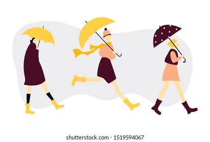 Autumn poster with warm dressed woman with an umbrella. Rainy weather. 