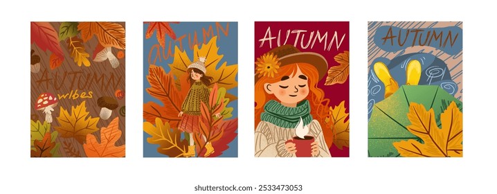 Autumn poster watercolor. Fall picnic, girl drink hot tea, tree wit yellow and red leaf. September cozy. Forest November, book cover October nature. Vector cute pattern background, cartoon flat set