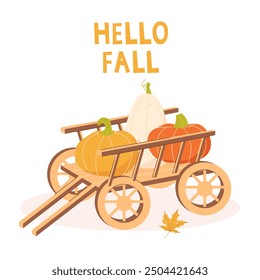 Autumn poster with a wooden cart. Autumn Harvest. Farming, agriculture. Organic products