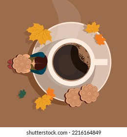 
Autumn poster for your design. Gigl sits near hot cup of coffee with cookie and autumn leaves around. Coffee break concept.