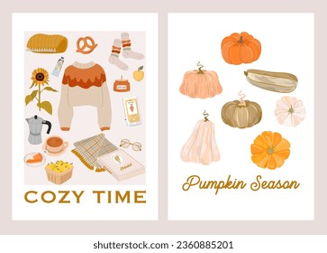 Autumn posters collection of cozy elements, fall plants, autumn leaves. Cozy time cards. Editable vector illustration.