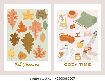 Autumn posters collection of cozy elements, fall plants, autumn leaves. Cozy time cards. Editable vector illustration.