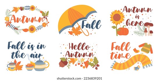 Autumn posters set. Collection of graphic elements for website. Symbol of windy, cold and rainy weather, yellow leaves with berries. Cartoon flat vector illustrations isolated on white background