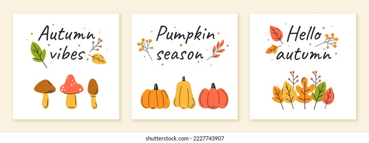 Autumn posters set. Collection of natural and organic products. Nature and season, botany and biology. Mushrooms, vegetables and foliage. Cartoon flat vector illustrations isolated on beige background