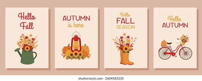 Autumn posters set. Set of posters with cute autumn illustrations. Autumn concept for invitations, covers, greeting cards, flyers.