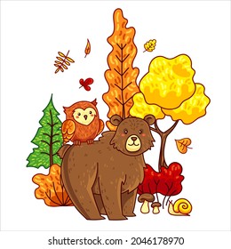 Autumn print with bear and owl in forest. Hand drawn vector illustration. Can be used for t-shirt print, kids wear fashion design.