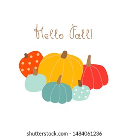 Herbstdruck mit bunten Puppen und Text: Hallo Herbst! Vektorillustration Saisongrafik.