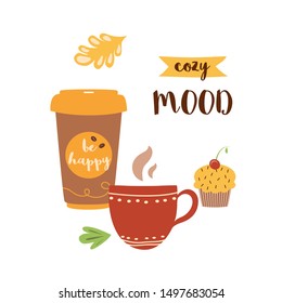 Autumn print Cozy mood text Fall lettering element on coffee cup. Red cup with coffee, tea, cocoa, cupcake Fall season. Autumn logo design Hand drawn fall element Vector illustration.