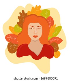 Impresión otoñal en estilo plano. Chica de cabello rojo en un fondo otoñal. Hojas verdes, marrones y naranjas. Imagen plana aislada del vector sobre fondo blanco. El logo plano. 