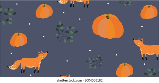 Autumn print, fox and pumpkin trees, halloween texture