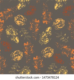 Autumn print leaves seamless pattern. Orange yellow oak, mulberry, hazelnut vein leaves on brown stock vector illustration, for fabric print, for web, for print