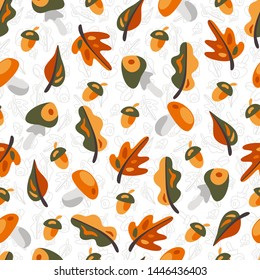 Autumn print. Seamless pattern with autumn leaves, mushrooms and acorn