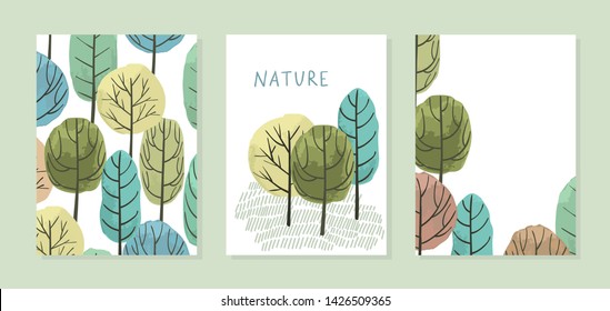 Autumn print. Set of with watercolor tree. Vector hand drawn illustration. Art collection