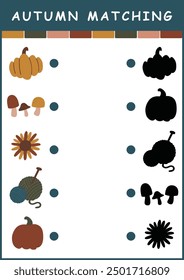 Actividad de coincidencia de sombras de hoja de cálculo imprimible en otoño en color. Rompecabezas con Elementos de otoño acogedores. Encuentre la página de actividad de silueta correcta para los niños