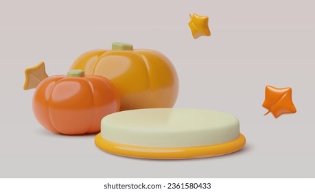 Autumn product scene with empty podium, pumpkins and red leaves. 3d realistic modern plastic showcase background design for fall sale and promotion.