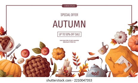 Autumn promo banner with pumpkins, apple pie, sweater, kettle, candles, and autumn leaves. Autumn, harvest, holiday, fall concept. Vector illustration. Banner, flyer, advertising.