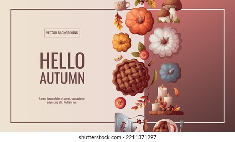 Autumn promo banner with pumpkins, apple pie, kettle, candles, and autumn leaves. Autumn, harvest, holiday, fall concept. Vector illustration. Banner, flyer, advertising.