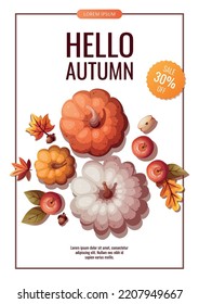 Autumn promo flyer with pumpkins, apples and autumn leaves. Autumn, harvest, holiday, fall concept. Vector illustration. Banner, flyer, advertising.