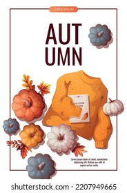 Autumn promo flyer with pumpkins, sweater and autumn leaves. Autumn, harvest, holiday, fall concept. Vector illustration. Banner, flyer, advertising.