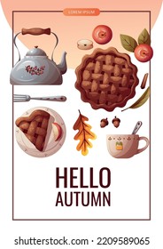 Autumn promo sale flyer with apple pie, kettle, autumn leaves. Autumn, harvest, thanksgiving day, fall concept. Vector illustration. Banner, flyer, advertising.