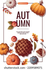 Volante de venta de promociones de otoño con calabazas, tarta de manzana y hojas de otoño. Otoño, cosecha, vacaciones, concepto de caída. Ilustración vectorial.