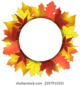 Autumn promotion banner template. In the center is a white circle and autumn leaves are laid out around. Can be used to advertise fall sales or fall event invitations