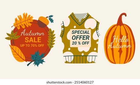 Autumn promotion set. A set of badges with discounts for the autumn season. Vector elements. 