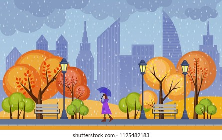 Autumn public city park vector illustration. Rainy cloudy cold weather with alone walking girl.