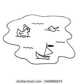 Autumn puddle. Monochrome sketch, hand drawing. Black outline on white background. Vector illustration