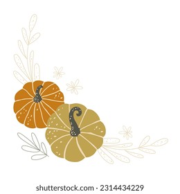 Autumn pumpkin, acorn and leaves corner. Fall season frame. Hand drawing flat vector illustration.