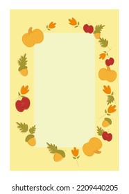 Autumn pumpkin acorn vector illustration. Fall season time. Yellow, green leaves. Orange pumpkin, oak acorn. Phone wallpaper. Gift card design.