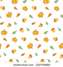 Autumn pumpkin acorn vector pattern. Fall season time. Yellow, green leaves. Orange pumpkin, oak acorn. Childish textile wallpaper. Seamless wrapping paper.