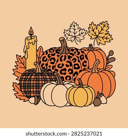 Autumn Pumpkin Arrangement with Leopard Print Pumpkin and Candle Fall Illustration