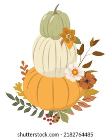 Autumn pumpkin arrangement. Orange, white, and green pumpkins with dry colorful fall leaves and seasonal flowers, isolated on white background. Thanksgiving day card template.