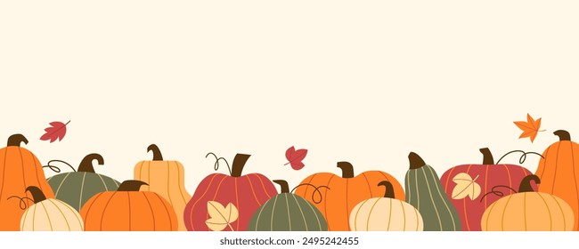 Fondo de calabaza de otoño. Plantilla de Vector para el festival de la calabaza de la cosecha de otoño y anuncio de eventos, Anuncio, invitación, volante en estilo plano. La Imagen se recorta con la máscara de recorte.