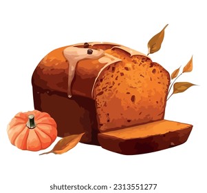 Autumn pumpkin and baked bread icon isolated