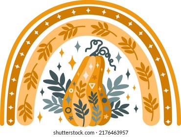 Autumn Pumpkin Boho Vector Rainbow Clipart. Celestial Halloween Rainbow