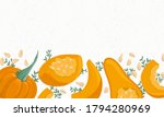 Autumn pumpkin border vector cartoon illustration. Orange squash horizontal banner or frame for thanksgiving, halloween or farm market design. Vegetable background.
