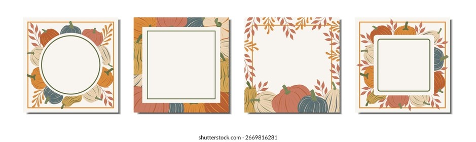 Autumn pumpkin borders set with yellow leaves. Fall frames collection for thanksgiving or harvest festival banner, label, sales promotion. Vector illustration.