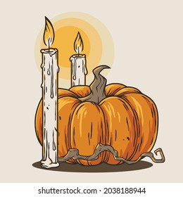 Calabaza de otoño y vela para el diseño de fondo de otoño. Verdura de octubre para la impresión de camisas de temporada. Decoración ecológica y natural para la feria o el mercado
