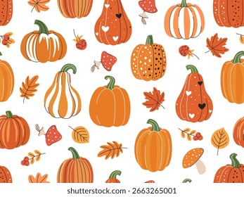 Autumn pumpkin cartoon pattern folk pumpkins, mushrooms, berries and leaves. Decorative seamless background. Autumn texture for Thanksgiving, harvest and Halloween and other seasonal designs.