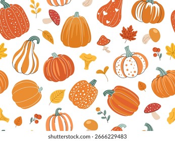 Calabaza de otoño patrón de dibujos animados calabazas populares, setas, bayas y hojas. Fondo sin fisuras decorativo. Textura de otoño para Acción de Gracias, cosecha y Halloween y otros diseños de temporada.