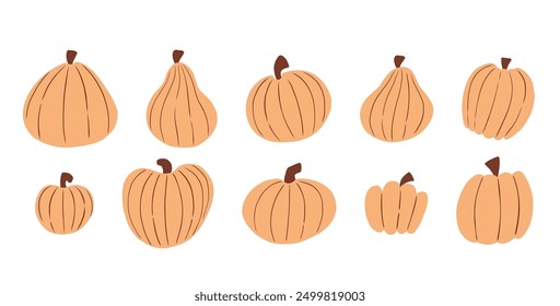 Autumn pumpkin cartoon set for Thanksgiving and Halloween. Autumn harvest pumpkins. Cute vector hand drawn illustration isolated on white background.