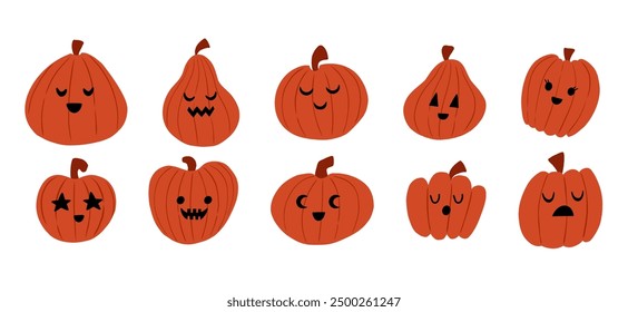 Autumn pumpkin cartoon set for Thanksgiving and Halloween. Autumn harvest pumpkins. Cute vector hand drawn illustration isolated on white background with funny emotions