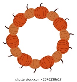 Marco de círculo de calabaza de otoño. Borde redondo hecho de calabazas de otoño. Las calabazas están dispuestas en un círculo. Vector plano aislado sobre fondo blanco.