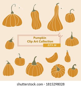 Autumn pumpkin Clip art collection. Fall theme in a bright and warm color. Can use for print, template, fabric, presentation, textile, banner, poster, wallpaper, digital paper, scrapbook, 