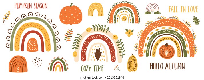 Autumn Pumpkin Clip Art, Autumn Rainbow Set. Thanksgiving Pumpkin, Fall Floral Elements, Cute Arches