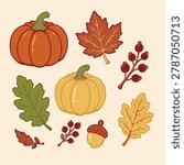 Autumn Pumpkin Clipart Set with Fall Leaves, Acorn and Red Berries