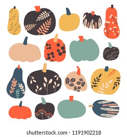 Autumn pumpkin collection in vector. Hand drawn stylized pumpkin with ornament. Perfect for  background, print, cards. Cartoon illustration.