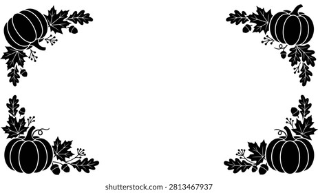 Autumn pumpkin corner frame border. Fall harvest foliage design with leaves and acorns.